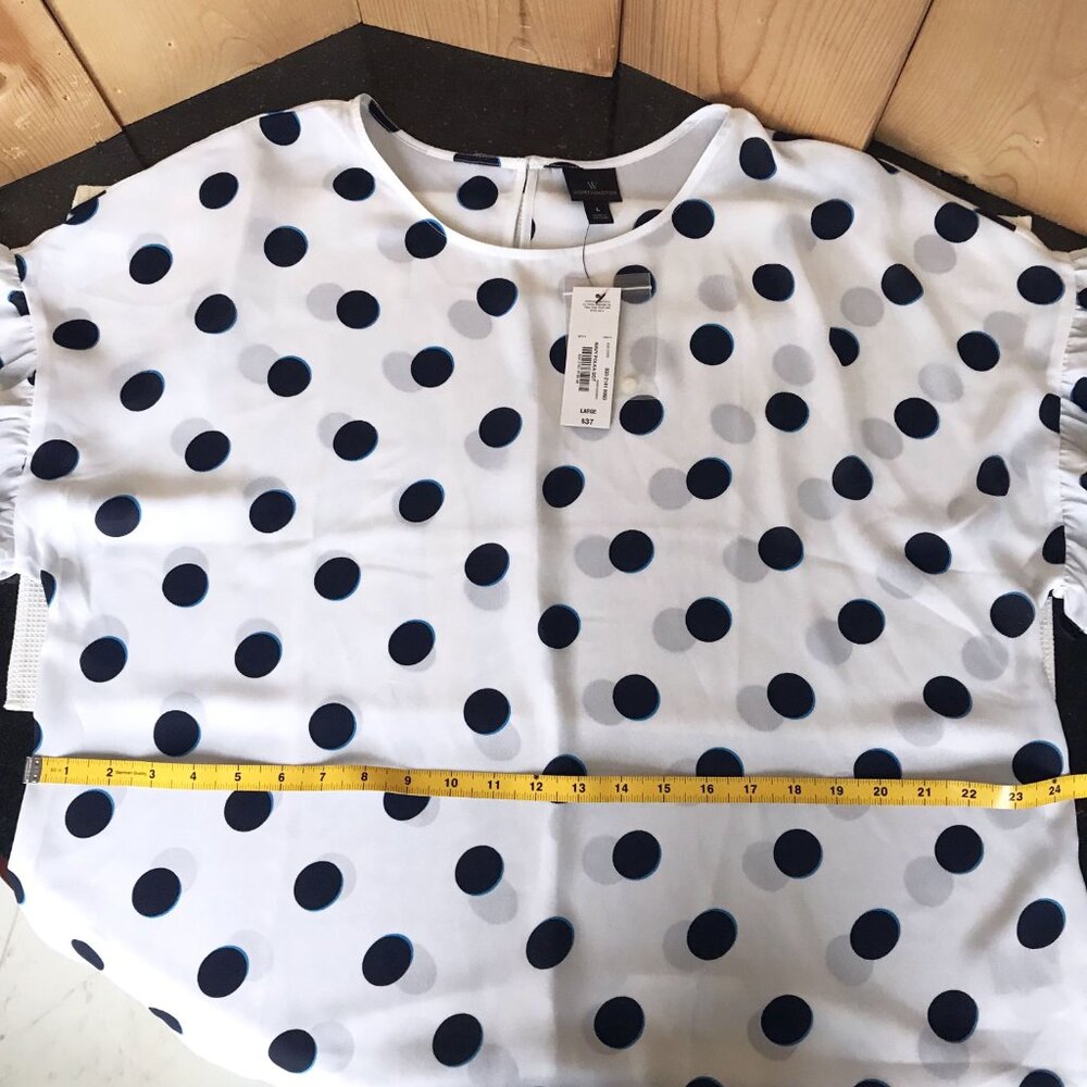 Worthington Flutter Cap Sleeve Round Neck Navy Polka Dot Blouse, Size L - Picture 11 of 15